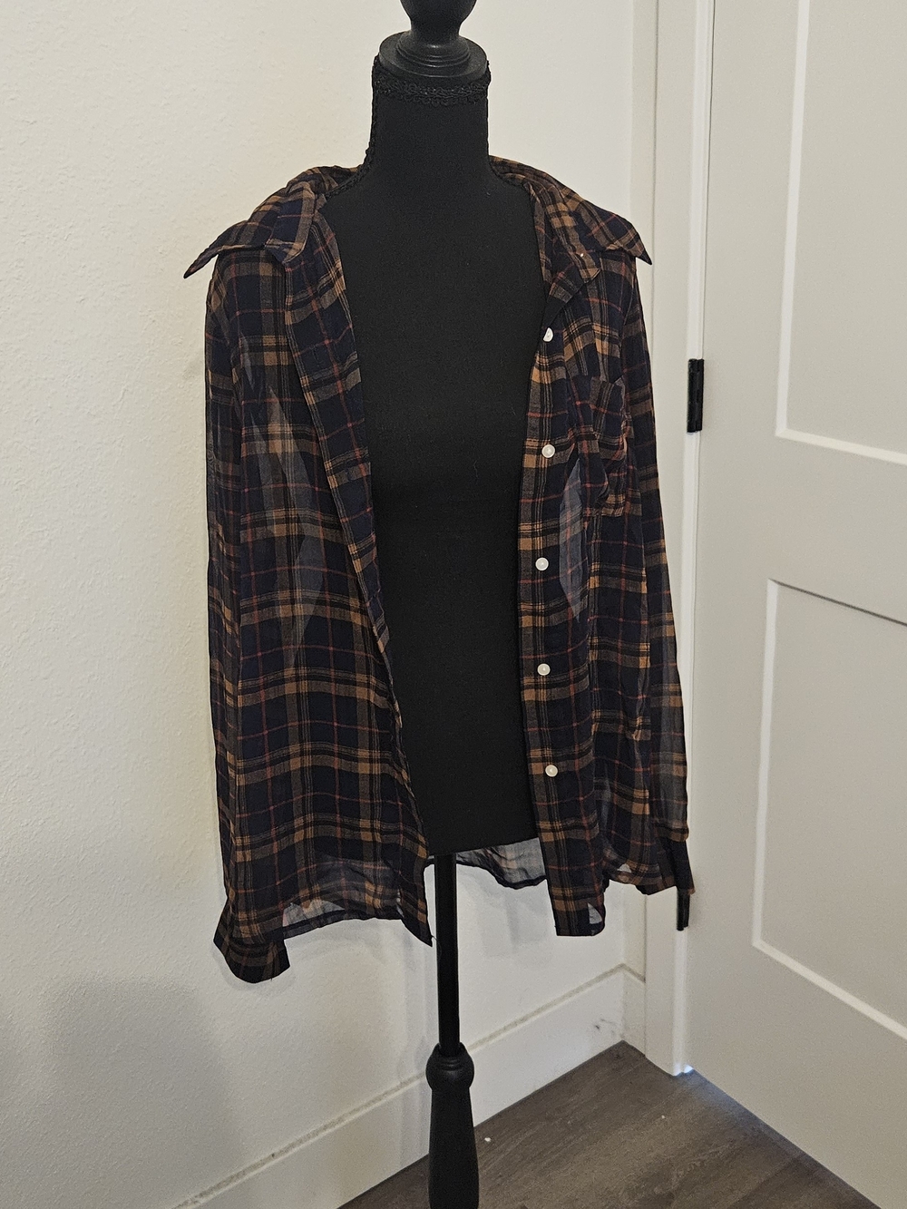 Angie Navy and Brown Plaid Button-Down Shirt